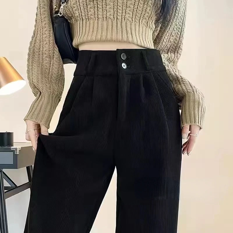 Fleece Wide Leg Pants Women Corduroy Straight Leg Pants Autumn Winter Trouser Streetwear High Waist Loose Korean Chic Clothes