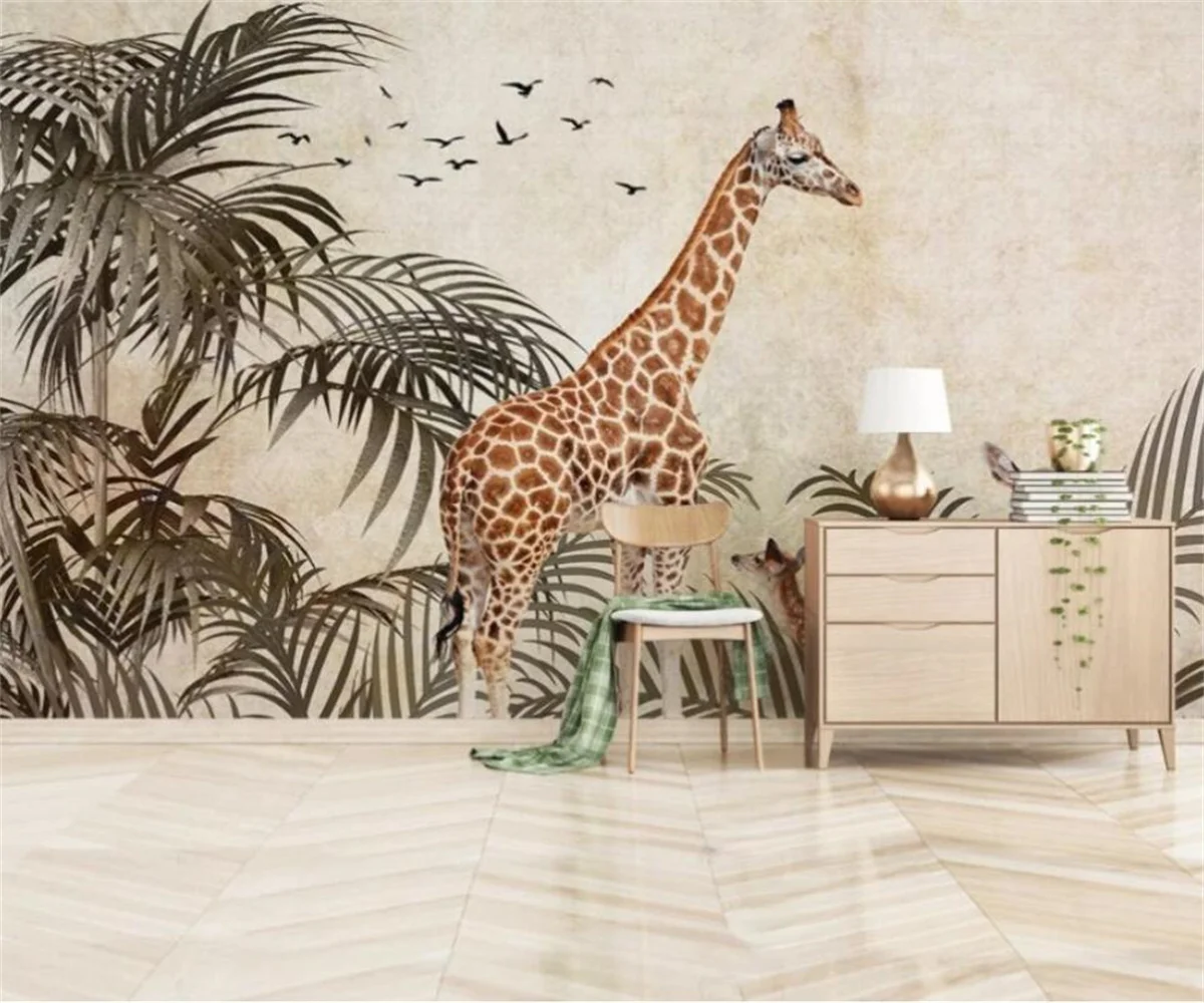 Custom Wallpaper photo Hand-painted Plant Tropical Rainforest giraffe Mural Living Room Bedroom Mural TV Background 3D Wallpaper
