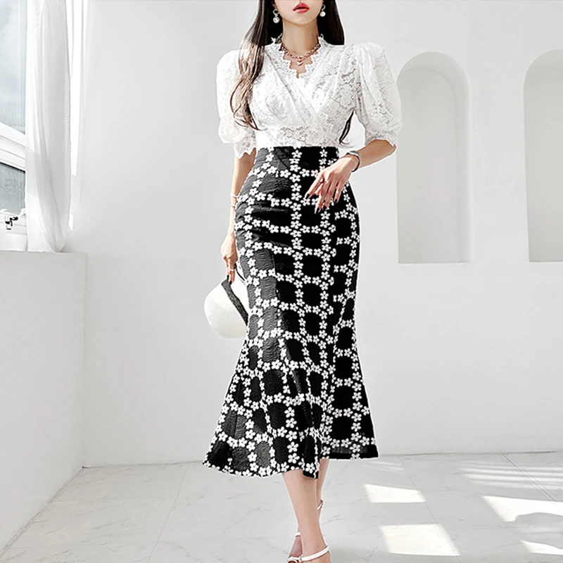 

New Temperament Summer Two Piece Set for Women Lace V-neck Puff Sleeve Top + Mermaid Bodycon Skirt Sets Korean Fashion Suits