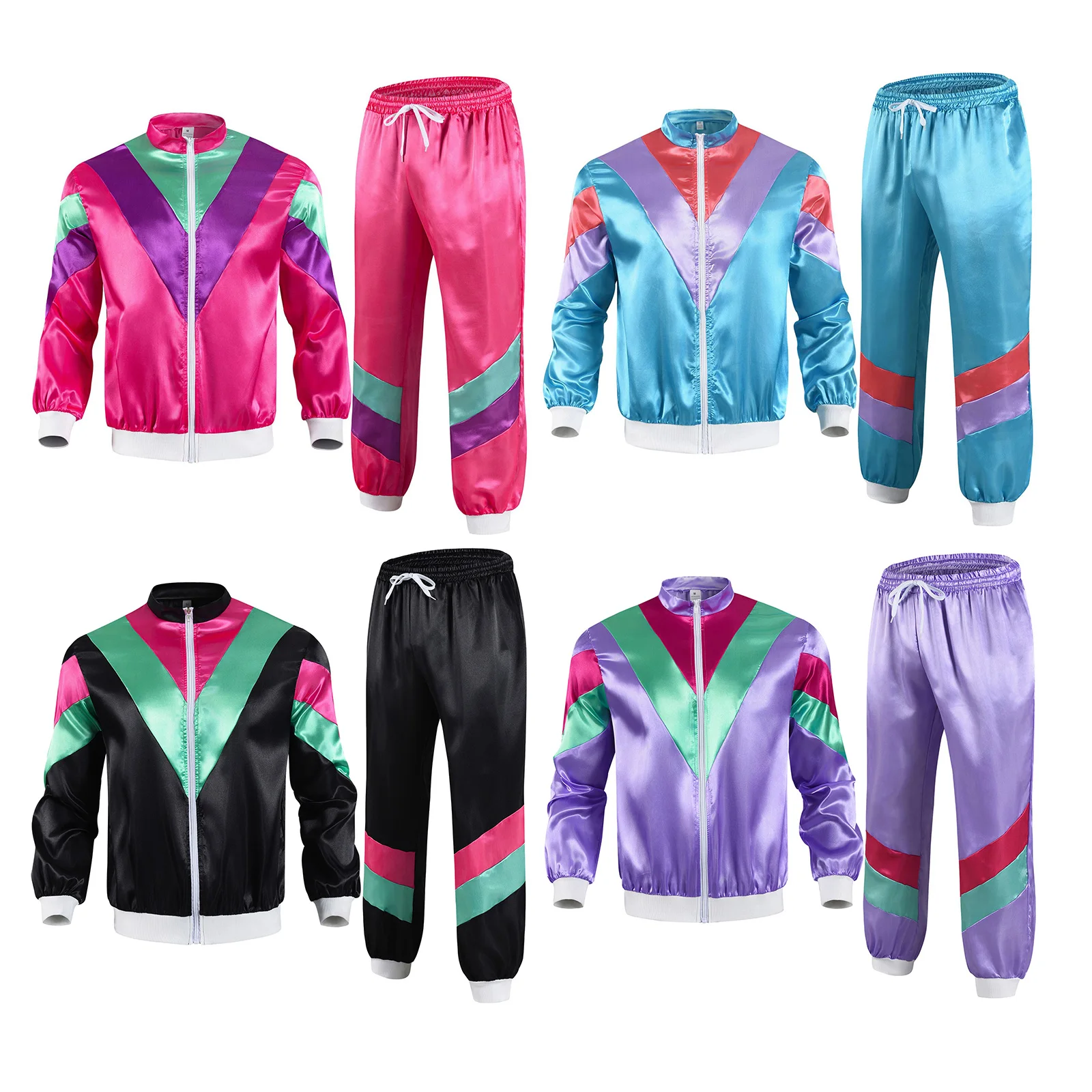 Women 80s Party Tracksuit Y2K Color Block Satin Hip Hop Style Sports Set Stand Collar Zipper Jacket with Drawstring Sweatpants sports suit