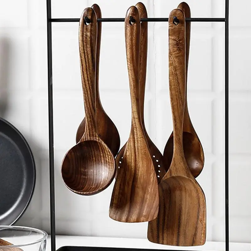 4PCS wooden Cooking Spoons Natural Wooden Kitchen Tableware Tool Soup Spoon Colander spoon Spatula Thin Spatula or Fork Utensils
