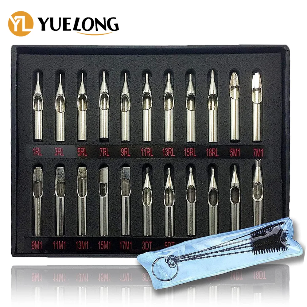 22PCS 304 Stainless Steel Tattoo Tips Kit Mixed Tattoo Nozzle Set with Cleaning Brush for Tattoo Machine Needles Tip 32pcs 3d printer nozzle cleaning kit 30 pcs 0 15mm 0 2mm 0 3mm 0 4mm 0 5mm cleaning needles 2 pcs tweezers for 3d printer