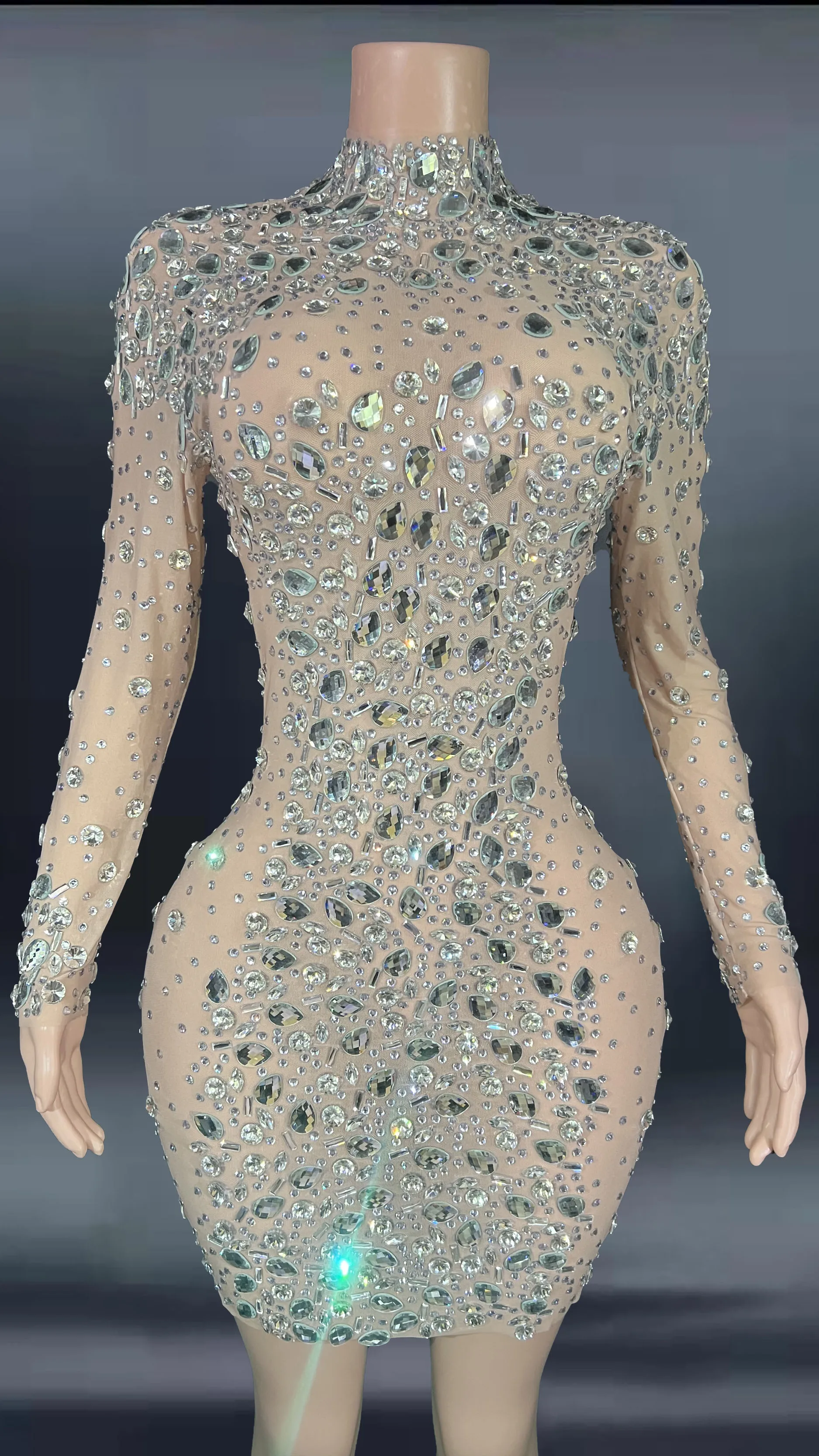Sparkly Gold Rhinestone Transparent Sleeveless Mini Dress Evening Birthday Celebrate Party Nightclub Dance Performance Outfit