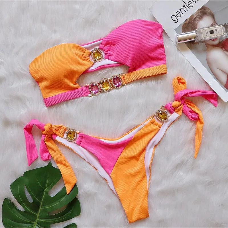 Women's Rhinestone Colourful Cutout Bandeau Bikini Set Sparkly Rave Outfits Two Piece Sexy Swimsuit Bathing Suit