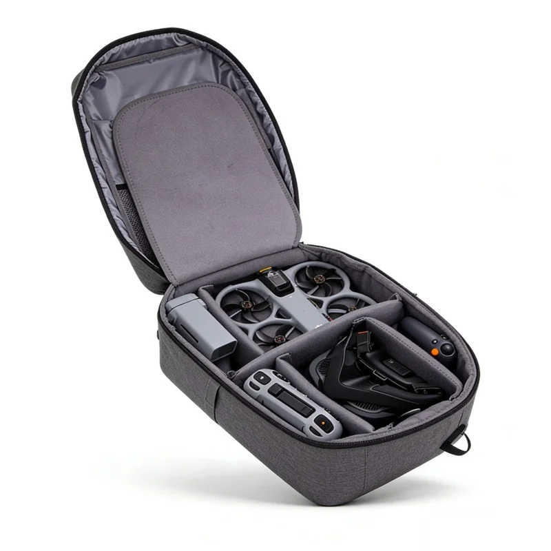 Sac de transport rigide pour DJI Avata 360 fermé, avec fermeture à glissière et sangle de transport.