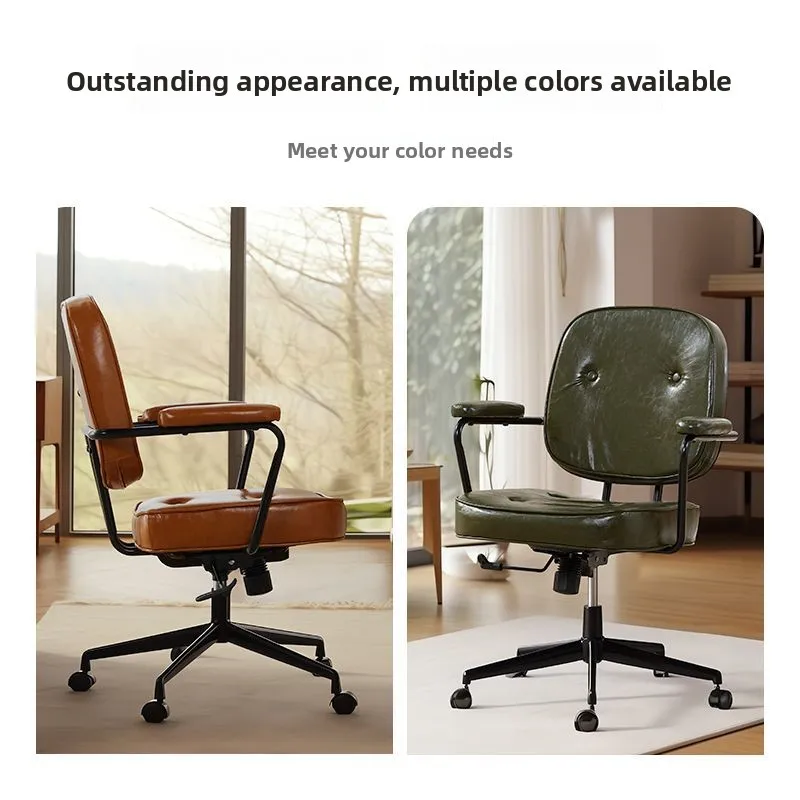 Vintage Leather Office Chair Ergonomic Bedroom Computer Comfortable Long Sitting Desk with Backrest Home Study Seat Retro Design