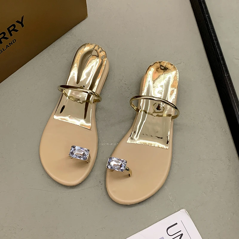 Women's Low Heel Sandals Summer New Round Head Water Drill Set Toe Soft Sole Anti-slip Wear-resistant Slippers
