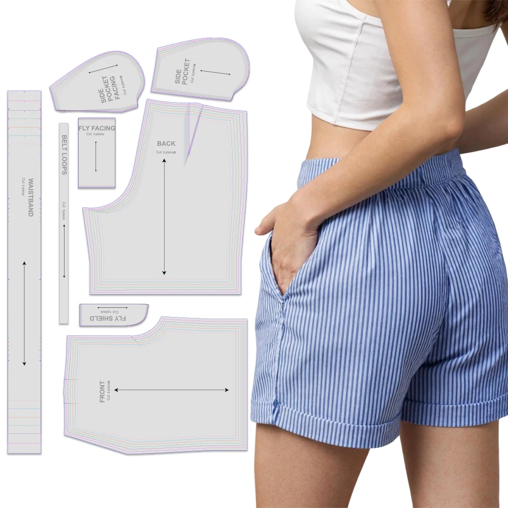 Sewing patterns for women's striped shorts in 7 sizes(XS-XXXL), beginner sewing kit for women's clothing