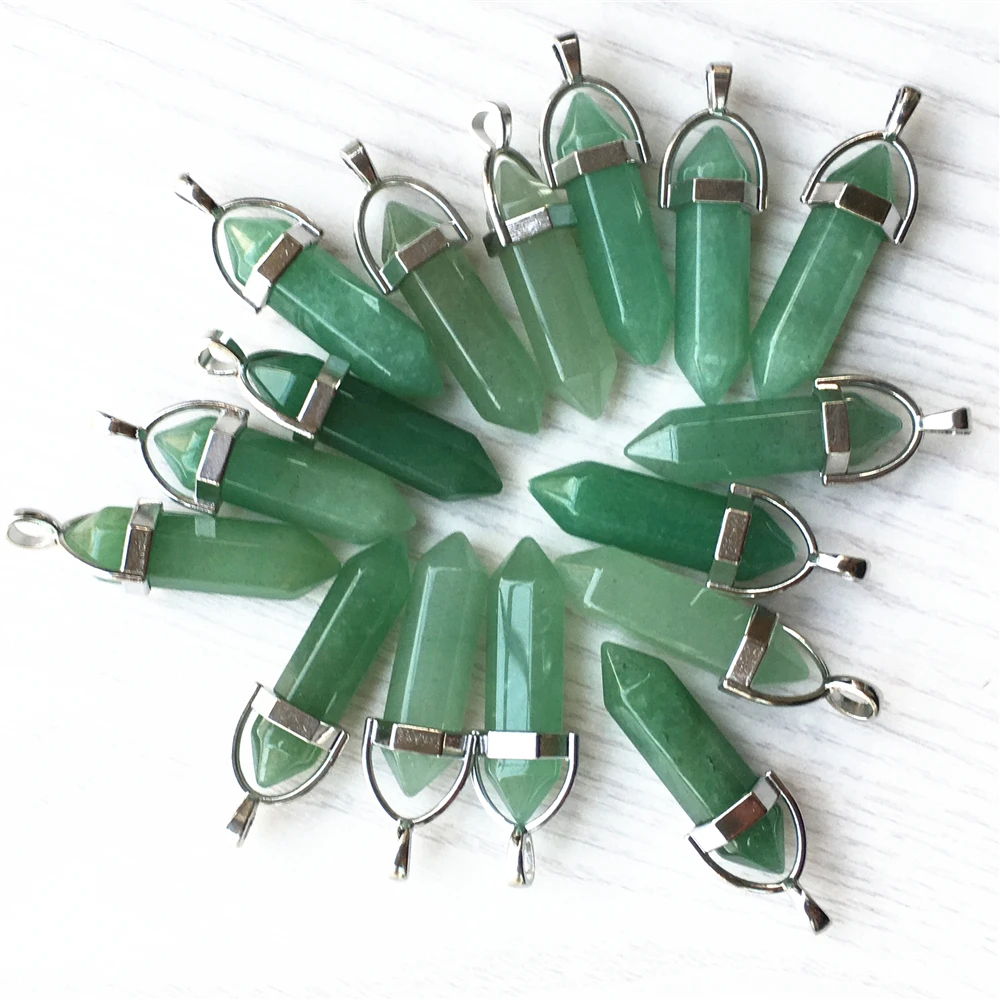 Hot! Natural Gems Stone Aventurine Crystal Pillar Point Charms Pendants&necklace for Making Women Jewelry Trendy 24pcs Wholesale