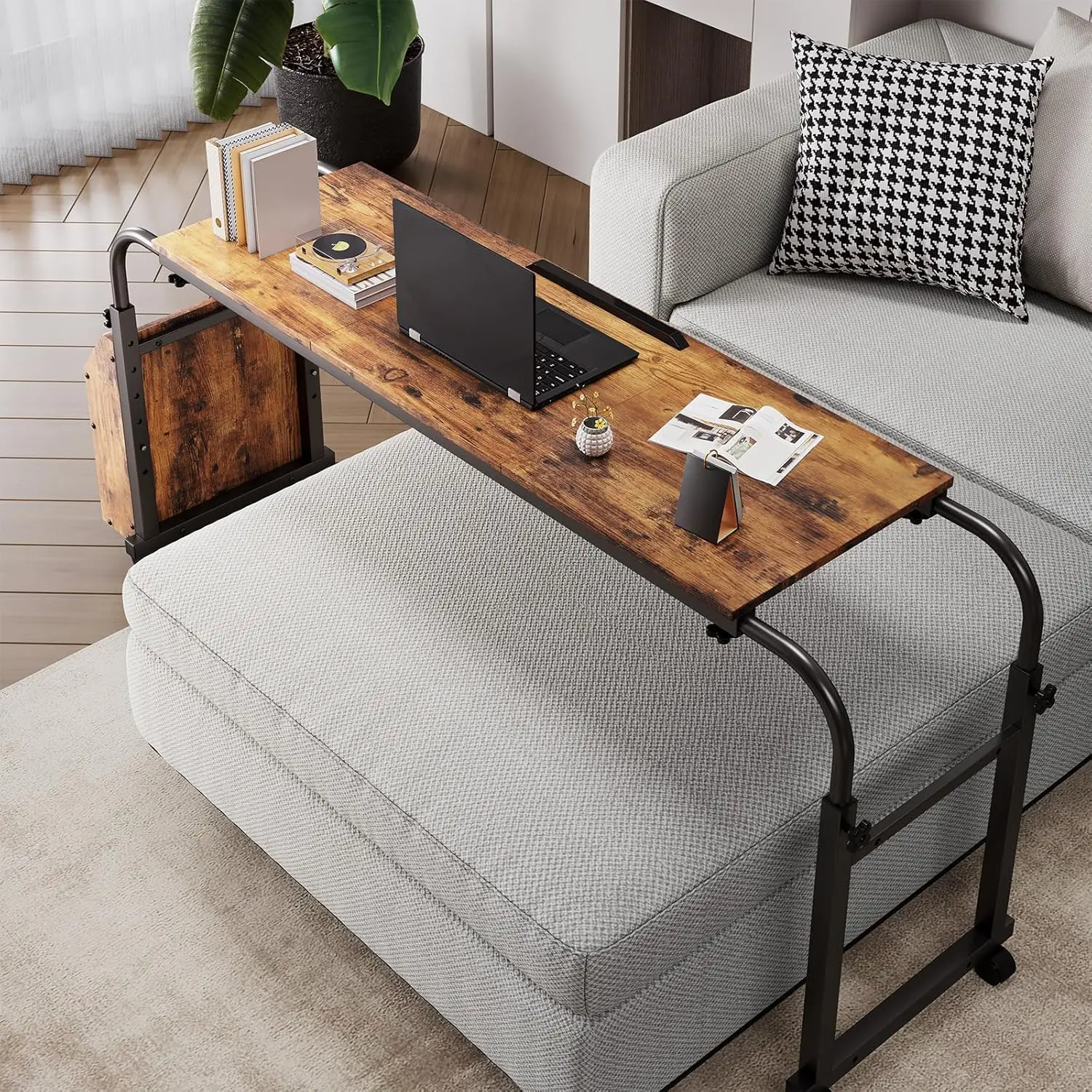Overbed Table with Wheels,60.6-84.2&Prime; Mobile Bed Desk,Rolling Computer Desk, Laptop Cart,W/0-65&deg;Tilt Stand,4 Heights,6 Lengths
