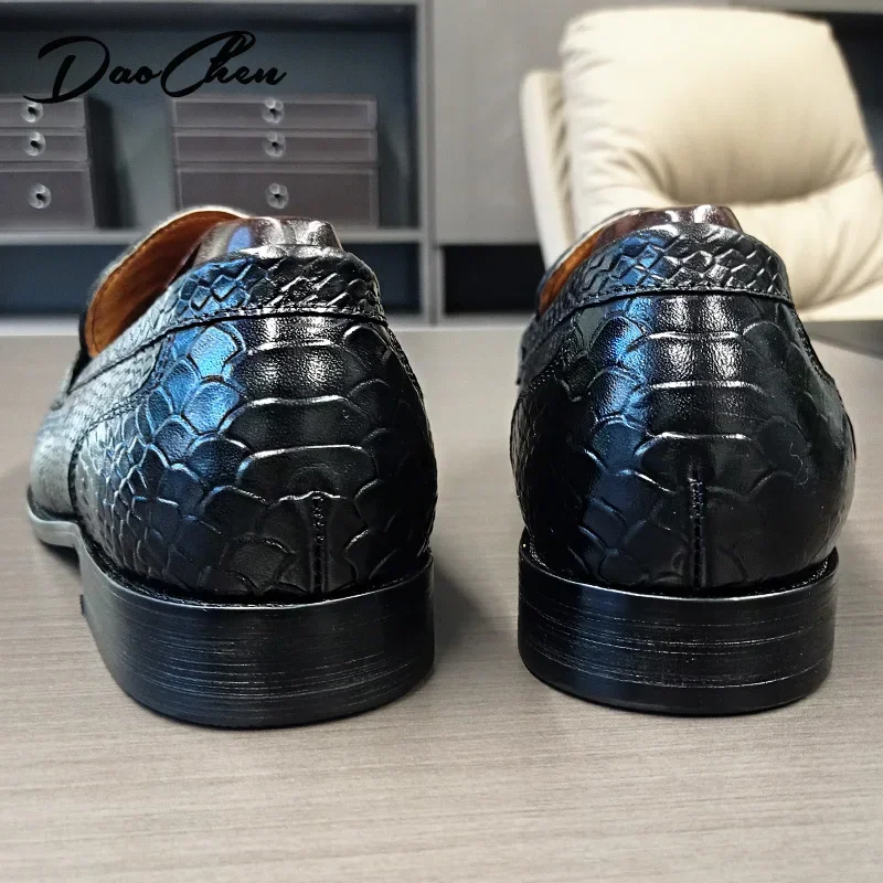 BRAND LEATHER BROWN BLACK SLIP ON SNAKE PRINT MEN'S CASUAL SHOES WEDDING OFFICE BANQUET casual loafers men_voghion.com