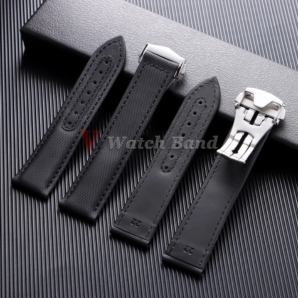 Waterproof Sailcloth Nylon Watch Band with Butterfly Buckle - Men's Sport & Business Wristband in Black and Blue