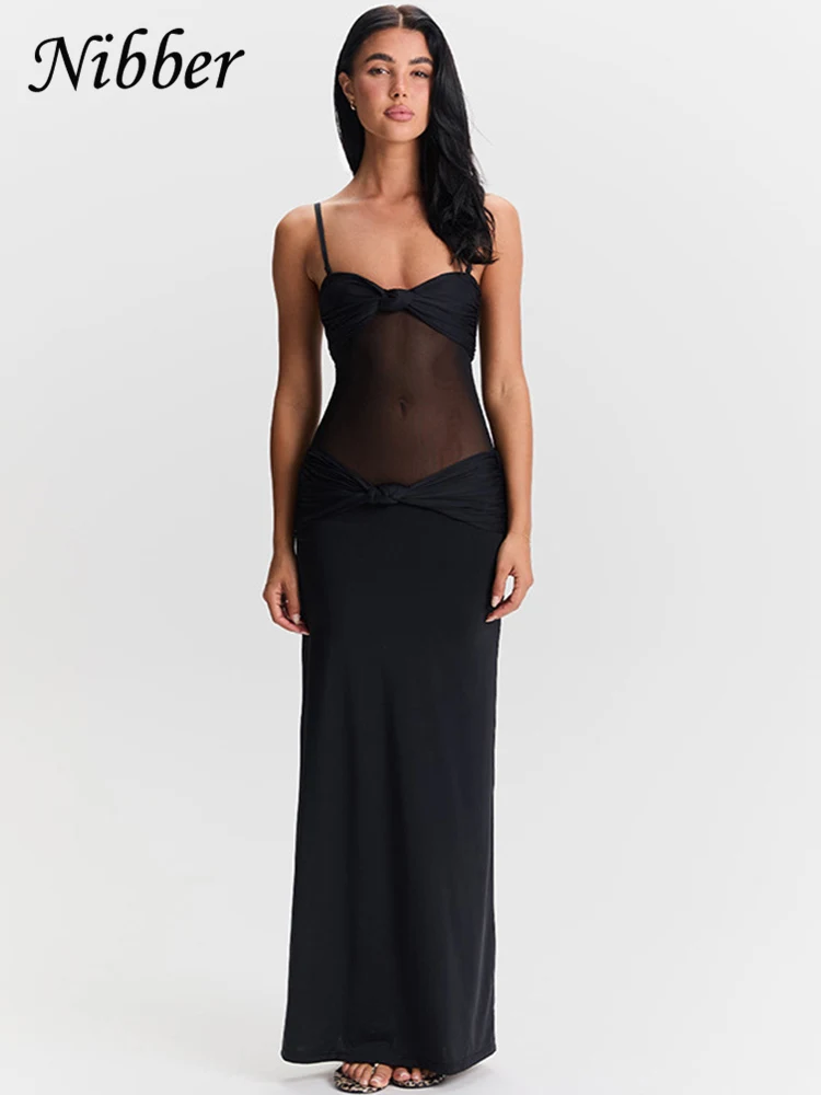 Nibber Mesh Patchwork Sexy Dress Women Y2K Ruched Knot Chest Wrap Sleeveless Skinny Stretch Chic Summer Trend Elegant Vestidos