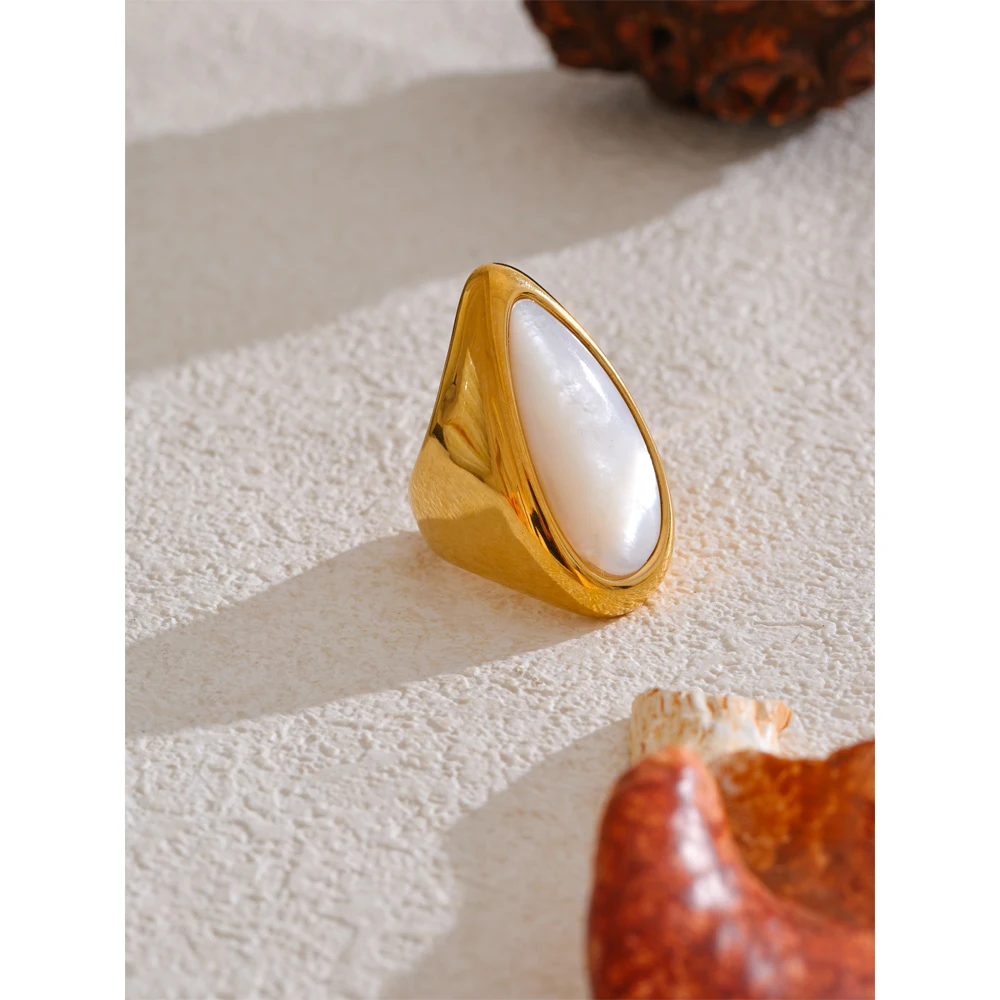 Yhpup Stainless Steel Shell Water Drop Golden Ring for Women