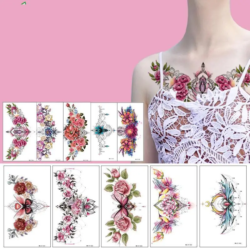 

Creative Color Flower Chest Collarbone European And American Scar Covering Waterproof Sexy Flower Arm Temporary Tattoo Sticker