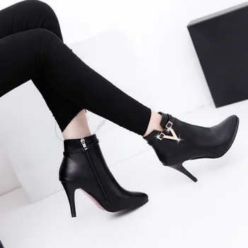 Botas Mujer Invierno 여성용 스틸레토 얇은 하이힐, 포인티드 토 PU 가죽 지퍼, 섹시한 발목 부츠, 블랙, 2022 가을