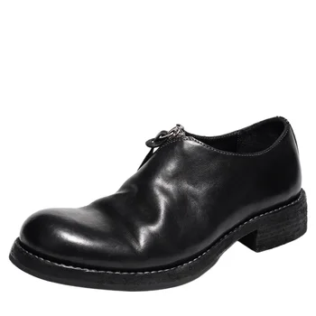 England Men's Loafers Shoes Horse Leather Hand Sewn Thick Platform Shoes for Men Breathable Comfortable Side Zipper Derby Shoes