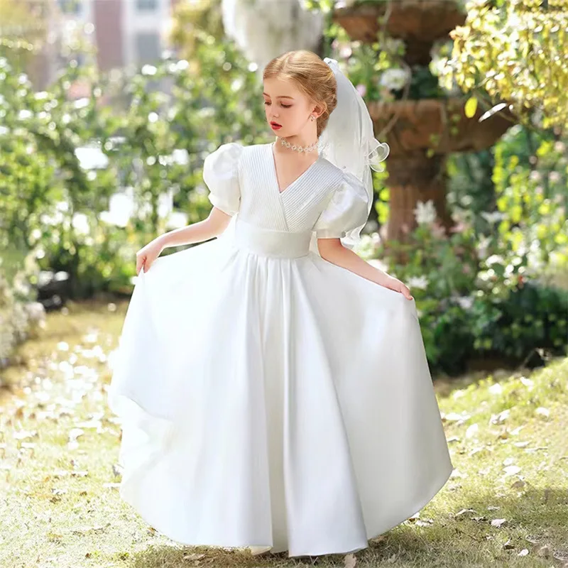 

White Satin Flower Girl Dress For Wedding V-Back Lantern Sleeve Ankle Length Child Princess First Eucharist Birthday Party Dress