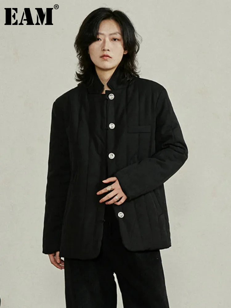 

[EAM] Black Big Size Cotton-padded Coat Stand Collar Long Sleeve Fit Women Parkas Fashion Tide New Autumn Winter 2024 1DH3591