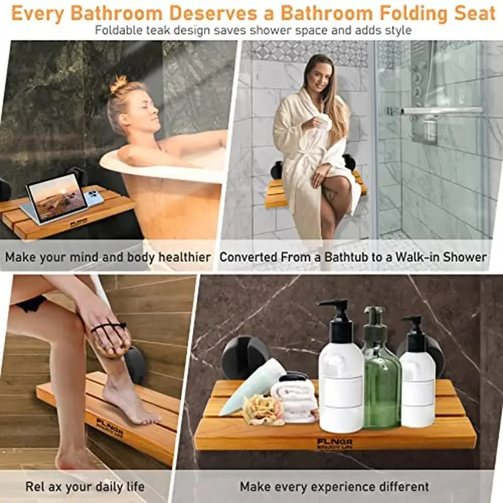Teak Wood Wall Mounted Foldable Shower Bench Small Space Comfortable & Sturdy Ideal Shower Room Hospital Living Room Non-Slip & 3