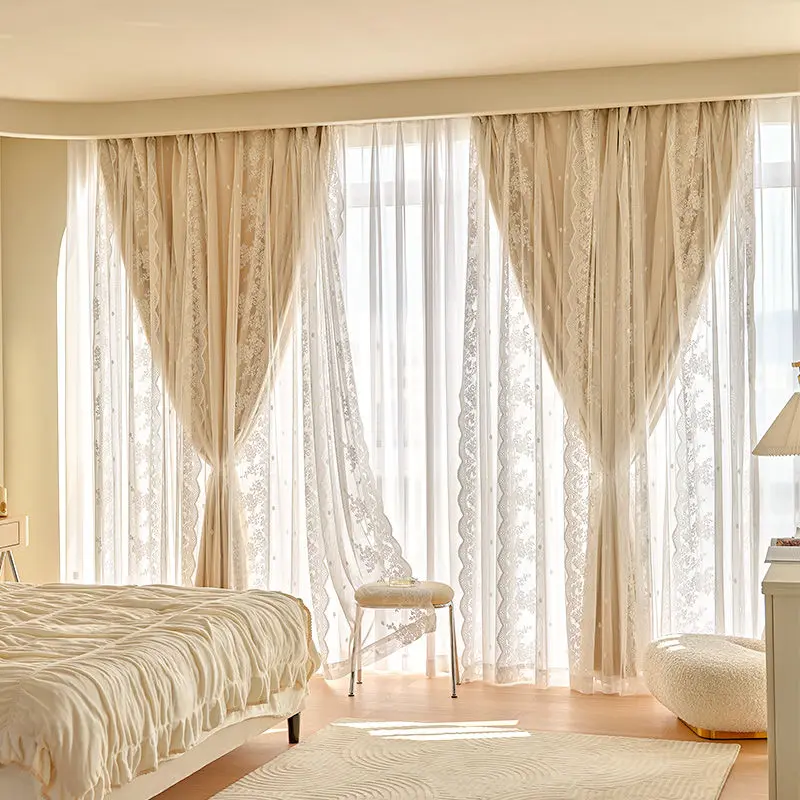 

French Cream Lace Curtains Bedroom Blackout Balcony Shade Curtain Luxury Curtains for Living Room Girl Ins Wind Room Decoration
