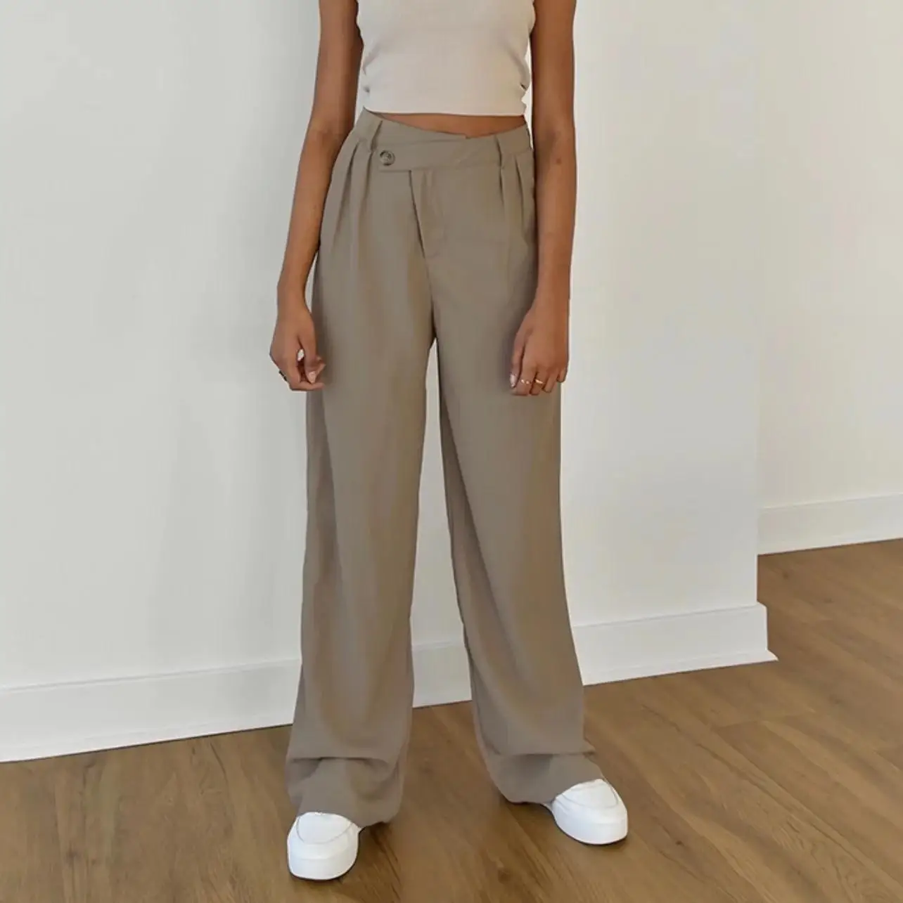 

2022 fashion women pants korean style khaki pants loose high waisted pants office wear women baggy trousers vintage black