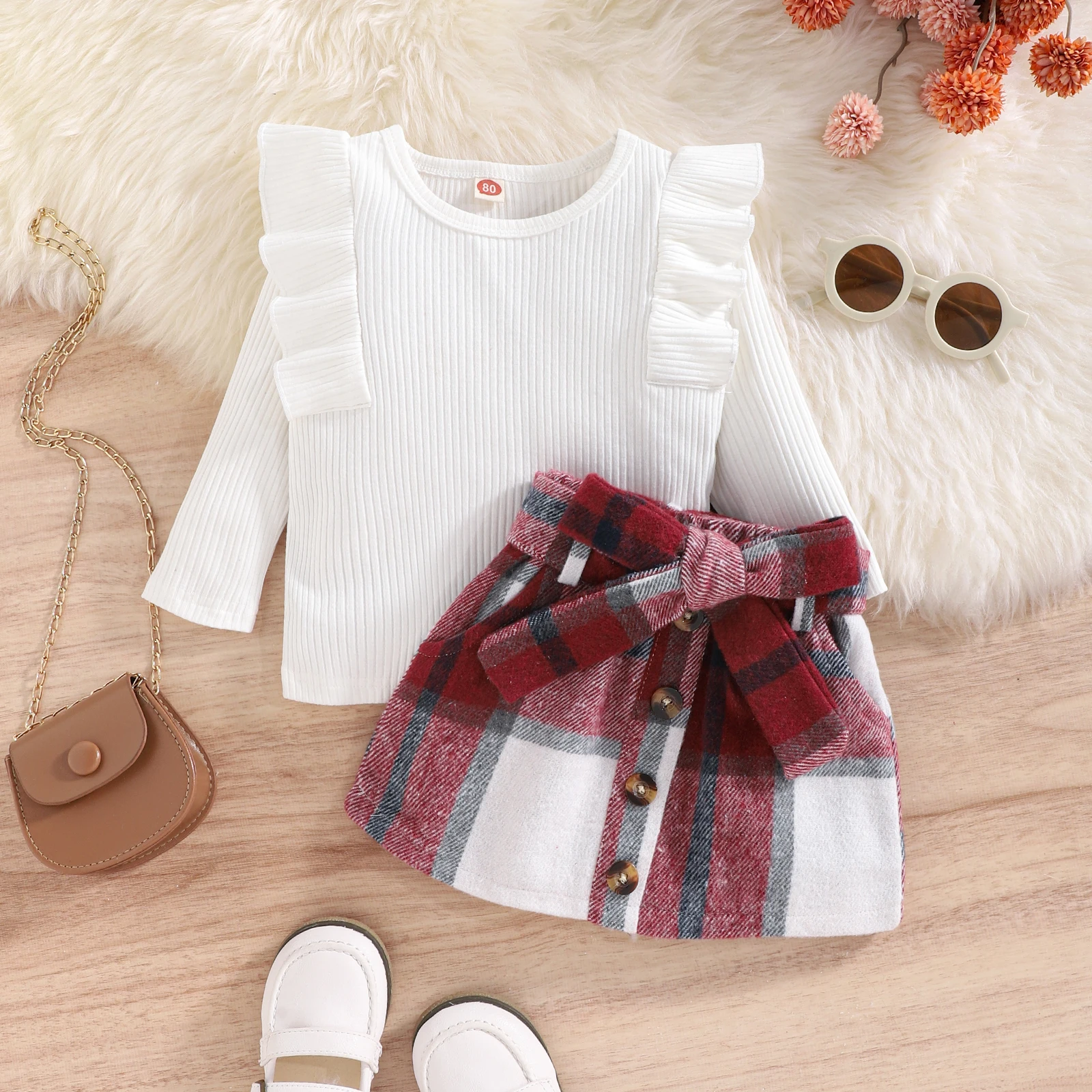 Citgeett Autumn Kids Toddler Girls Outfit Sets Solid Color Long Sleeve Ribbed Tops + Plaid Skirt Belt Spring Clothes