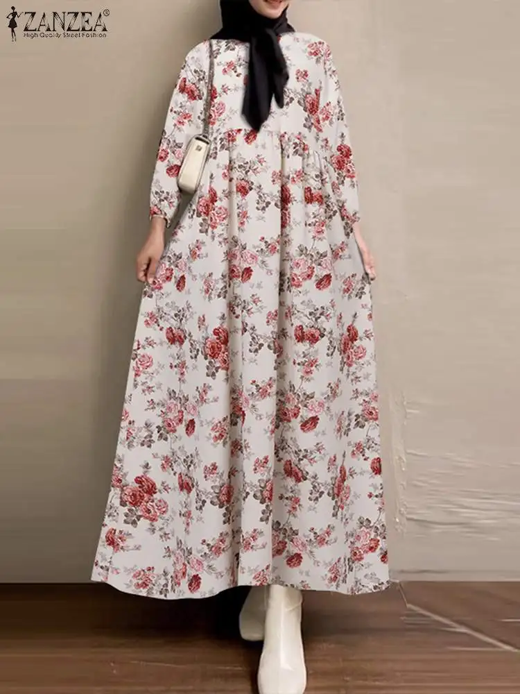

ZANZEA Elegant Women Eid Mubarek Robe Turkey Kaftan Hijab Vestidos Islam Clothing Printed Maxi Dresses Abaya Floral Muslim Dress