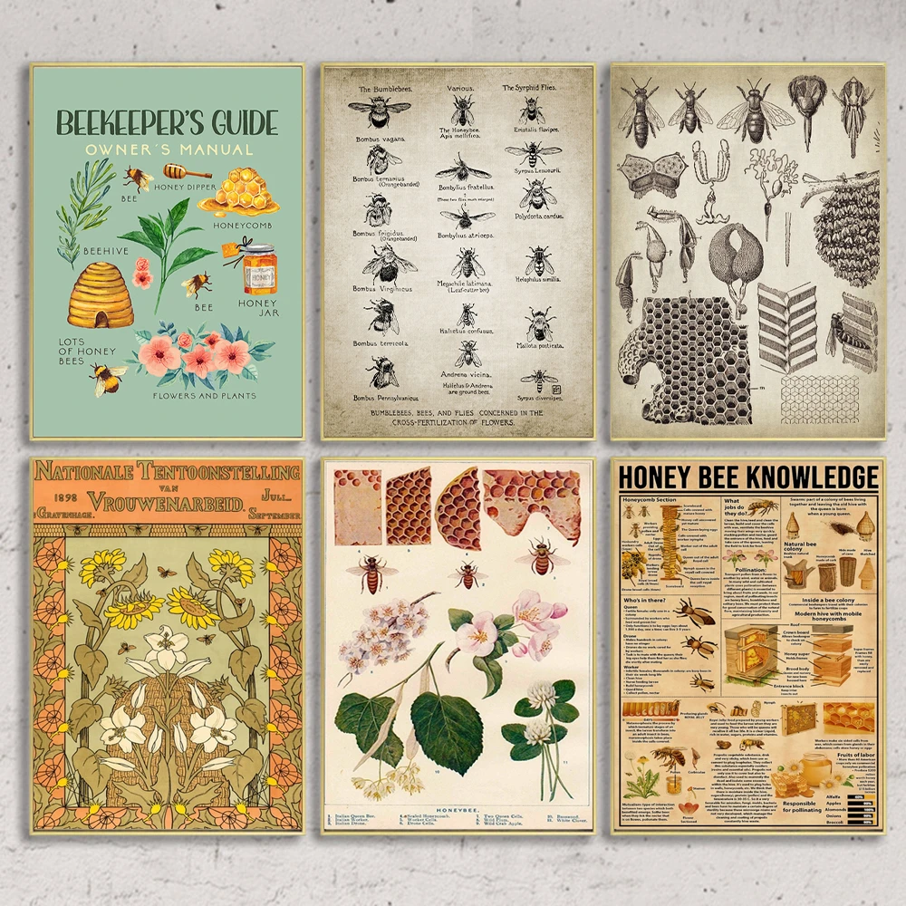 Abelhas vida ilustração cartaz do vintage impressão da arte abelhas pintura  em tela quadros da parede quadros de parede presentes casa decoração do  quarto - AliExpress, image size:1000x1000