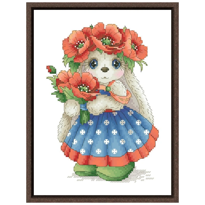 Whimsical Bunny and Poppies Cross Stitch Kit for Beginners - Cartoon Pattern with White Cotton Fabric and Thread