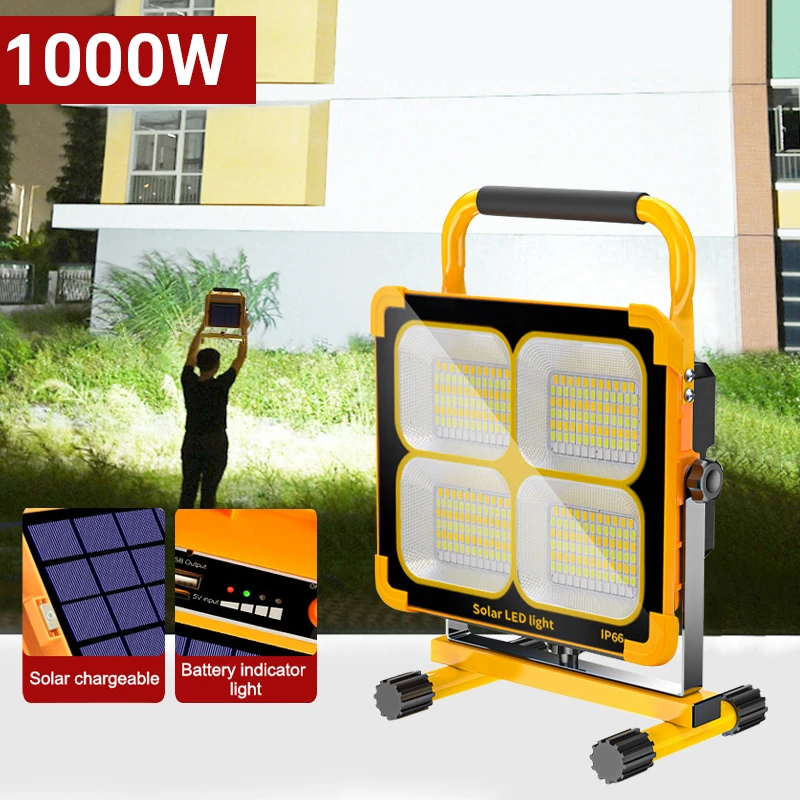 super bright 1000W Flood Light Outdoor Portable solar Reflector Spotlight Rechargeable Projector Floodlight Construction Lamp motion sensor flood lights