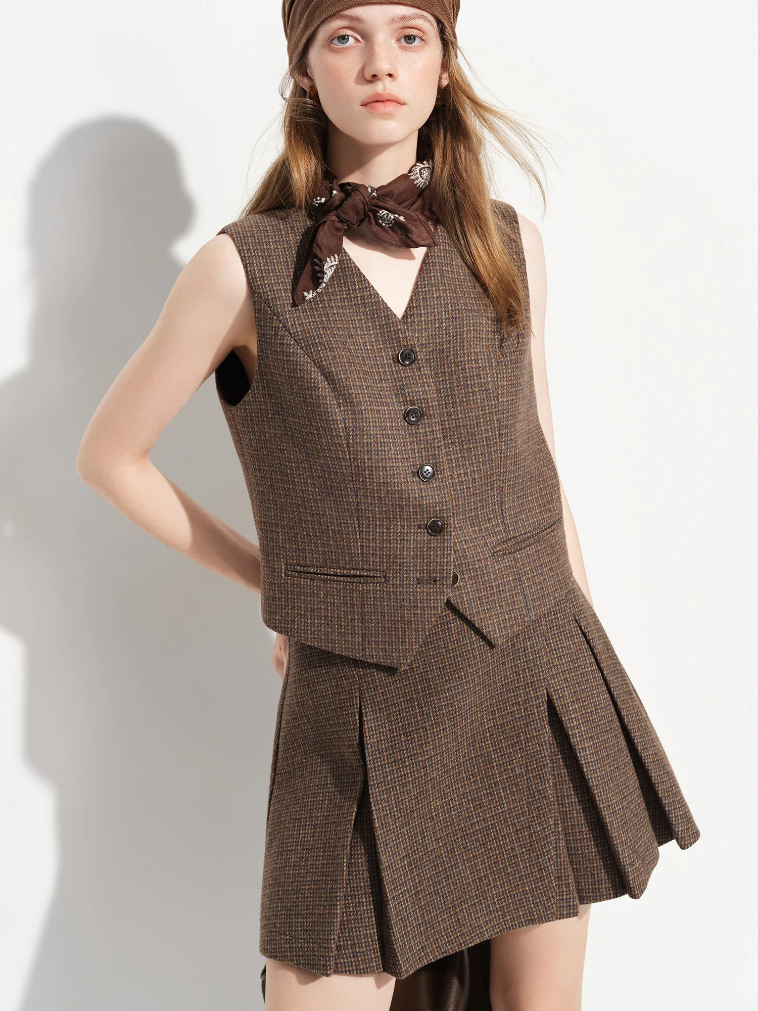 FSLE【Premium Series】New Women's Brown Wool Checkered Suit Set Blazer Vest Skirt Three Piece Coord Vintage Office Chic Suiting S4db30515c647434b96c52d2f00e9d6f3M