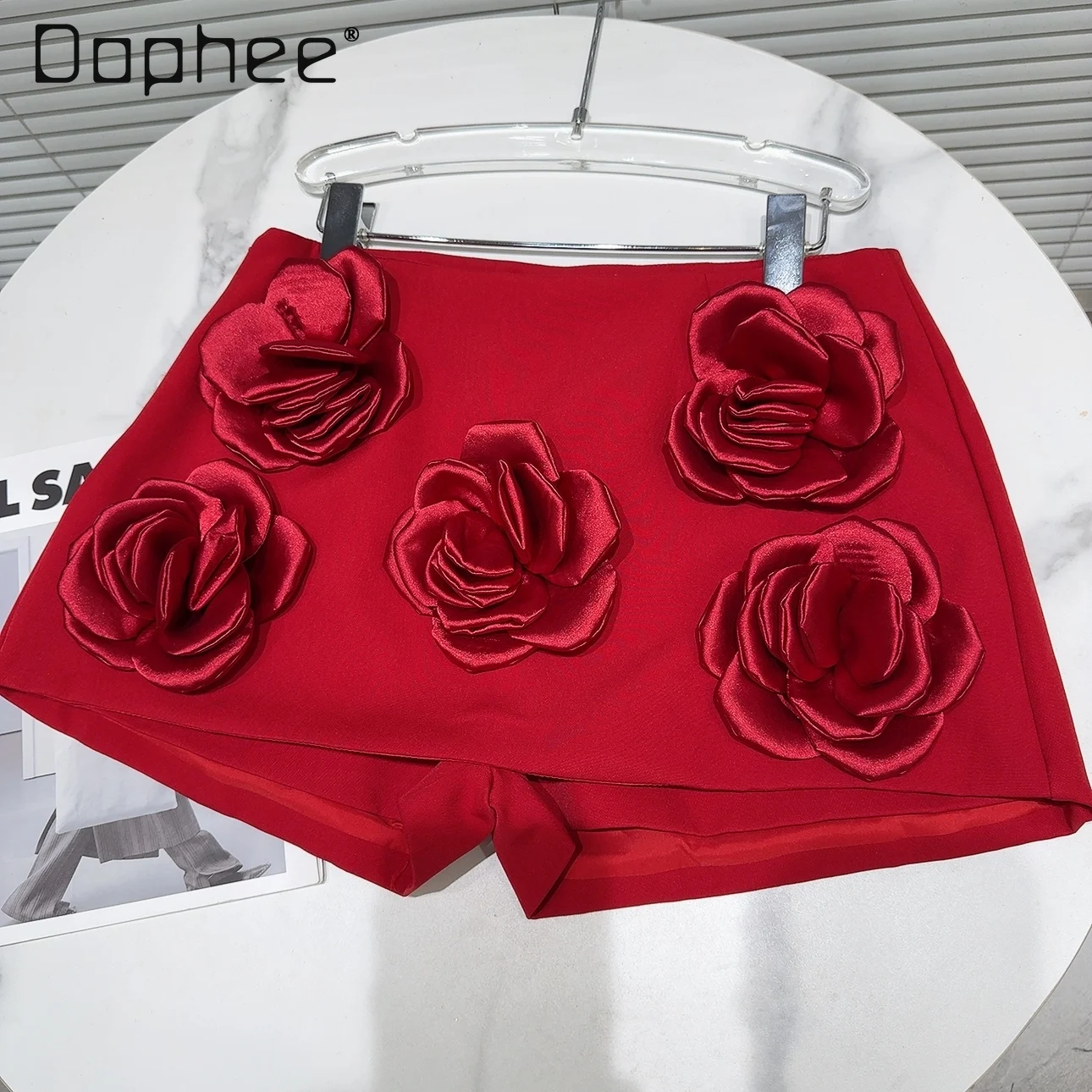 Sexy Women's Red Three-Dimensional Large Flower Pantskirt 2024 Summer New Socialite Solid Color Advanced Short Skirts for Women advanced grammar