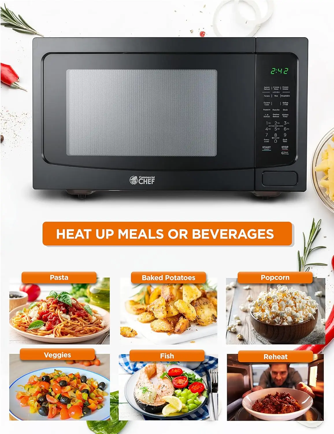 CHEF 1.6 Cubic Foot Microwave with 10 Power Levels, Small Microwave with Push Button Child Safety Lock, 1100 Watt Microwave 2