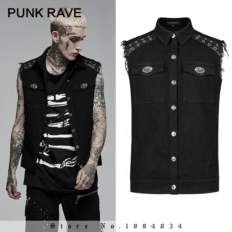 

PUNK RAVE Men's Punk Daily Wear Simple Twill Handsome Black Vest Ghost Head Buckle Decoration Casual Tank Tops Men Four Seasons