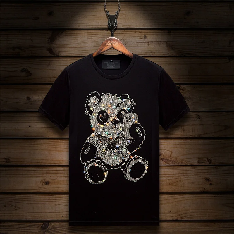 New Fashion Rhinestone Bear Short Sleeve Luxury Men T-Shirt All