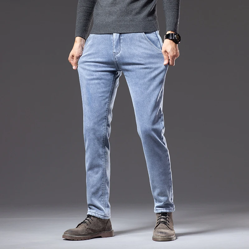 Winter Fleecy Thickened Warm Jeans Vintage Brand Classic Retro Youth Fashion Men Fit Straight Leg Casual Stretch Denim Pants 4