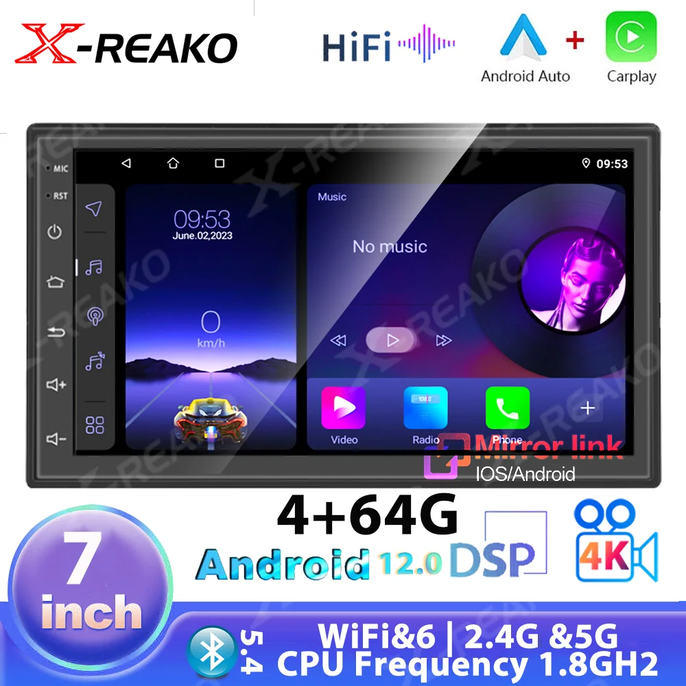 

REAKO 2Din Android12 7 Inch Car Stereo Radio Multimedia Player Navigation GPS RDS/AM Carplay DSP HIFI 4K HD Video BT5.4 4+64g