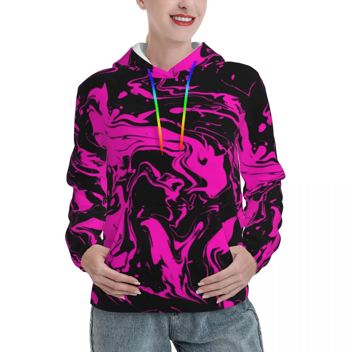 

Paint Splatter Print Hoodies Winter Pink Abstract Swirl Casual Hooded Sweatshirts Womens Funny Graphic Oversized Hoodie