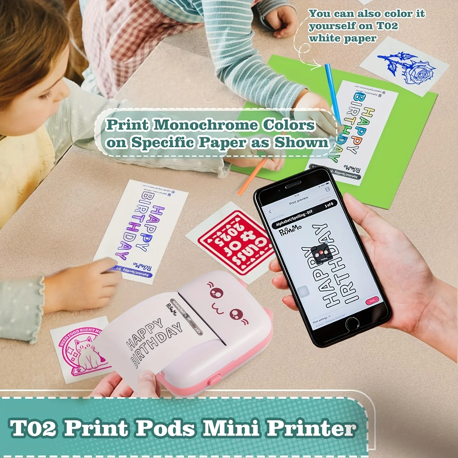 Wireless Mini Photo Thermal Printer, with Mobile App, USB Charging, Suitable for Thermal Paper, Suitable for Photos and Notes