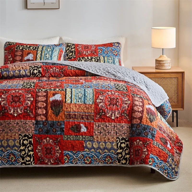 Quilted Bedspread Set,Soft Microfibe Bed Cover+Pillowcase,American Flower Patchwork,Mattress Topper Sheet King cama solteiro