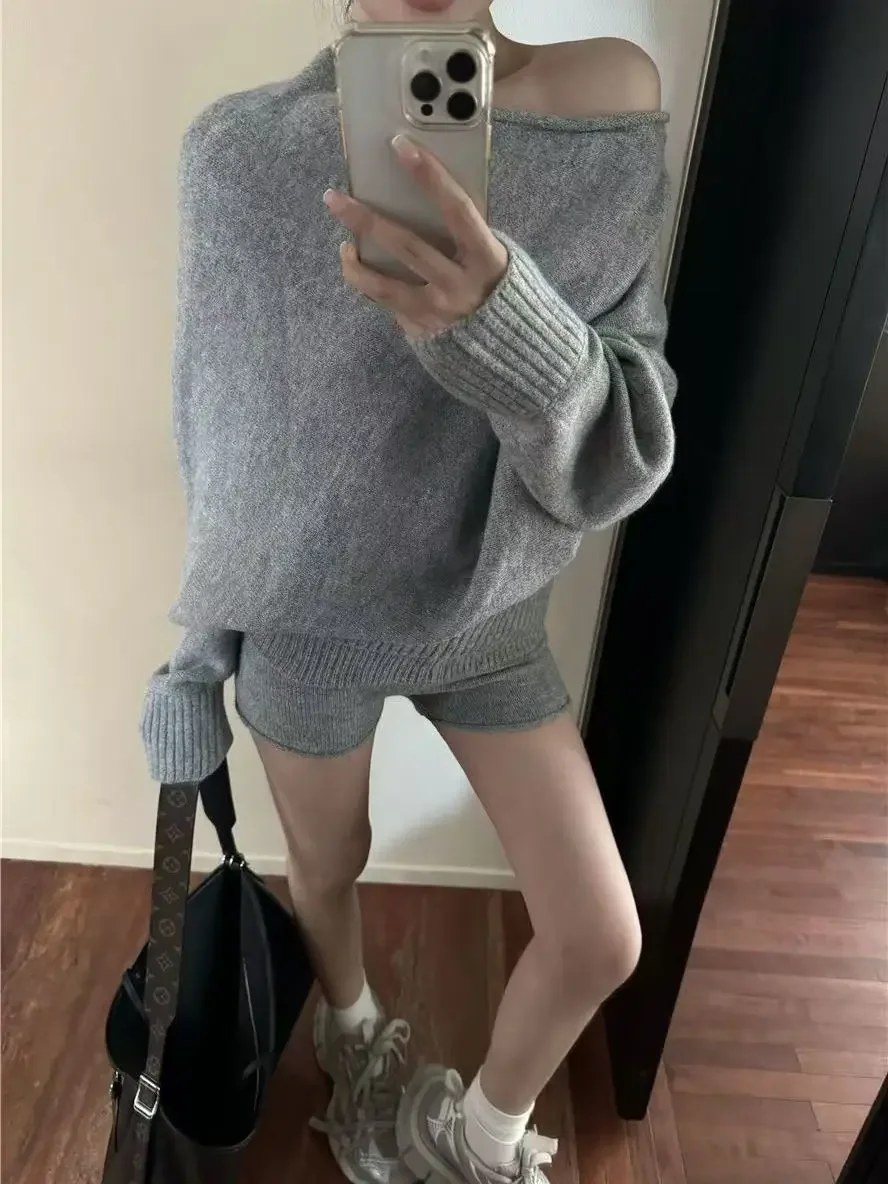 Korejpaa Elegant Sweater Short Sets Women Autumn Winter Slanted Shoulder Knitted Sweaters High Waist Shorts Two Piece Set 5