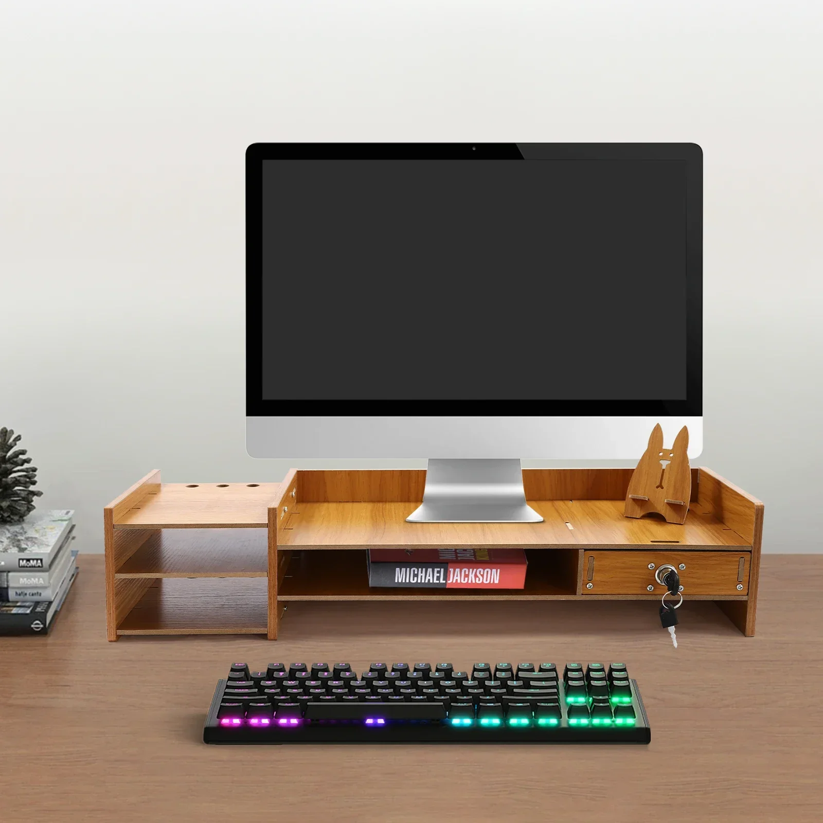 Wood Desk Organizer Home Office Desktop Storage Drawer Computer Holder With Lock 6