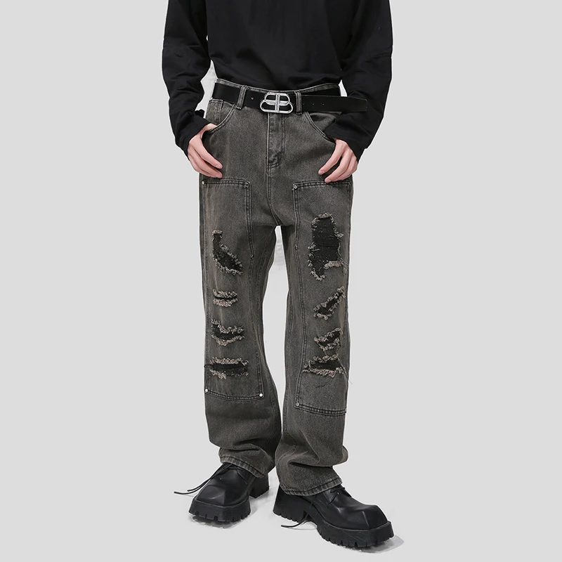 

SYUHGFA Men's Worn Out Jean Trousers Fashion Harbor Style Personality Male Jeans High Street Patch Hip Hop Trend Denim Pants
