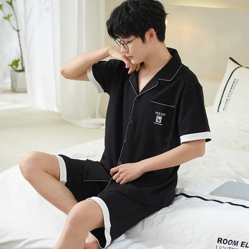 Summer Knitted Cotton Mens Pyjamas Pajamas Casual Short Sleeve Short Pants Sets Men's Sleep Lounge Night Pijamas 3XL Home Clothi summer home wear casual 2 pieces women cotton comfort pajamas short sleeve tops short pants cartoon pijamas sleepwear suit