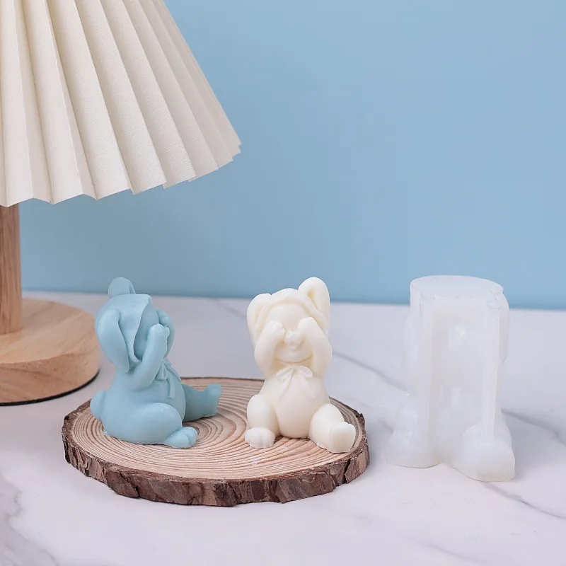 Silicone Candle Mold Smiling Rabbit 3D Animal Crafts Resin Plaster Soap Mould DIY Chocolate Ice Cube Baking Tool Home Gift