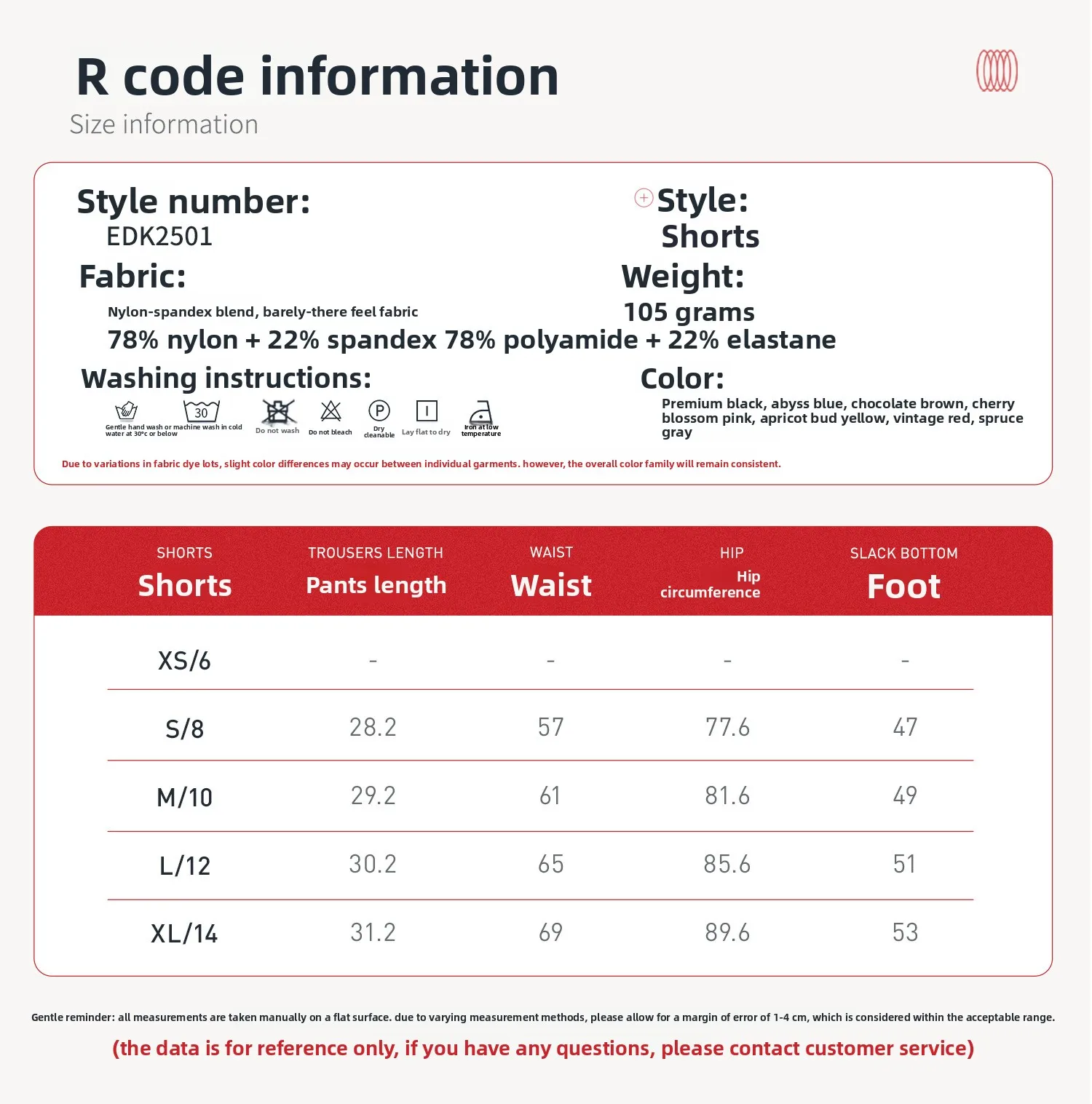 Size chart and fit details