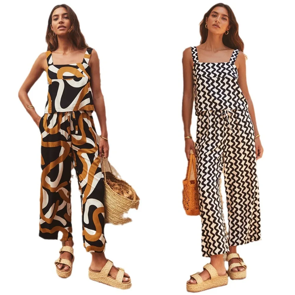 Women's Suit Suspender Casual Wide Leg Pants Two-piece Set Fashionable Square Neck Printed Vest Suit Set Women 2 Pieces
