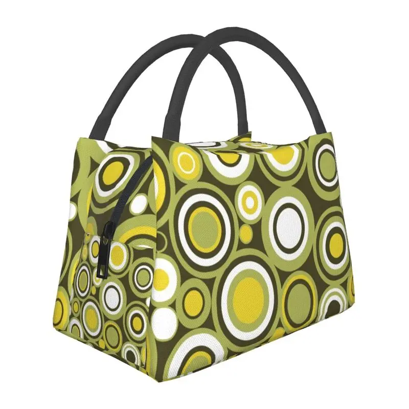 

Green Yellow And White Circle Retro Thermal Insulated Lunch Bag Geometric Lunch Tote for Outdoor Camping Storage Meal Food Box
