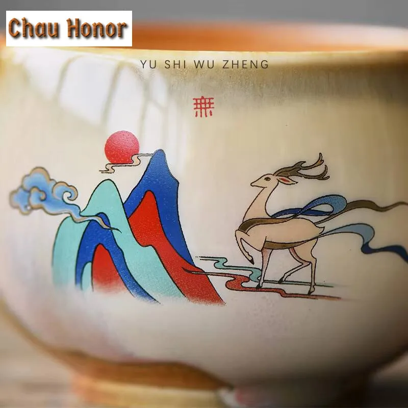 200ml Soda Glaze Ceramic Teacup Dunhuang Frescoes Painted Deer Tea Bowl Coarse Pottery Coffee Mug Master Cup Kung Fu Teaware
